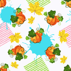 Seamless pattern witn pumpkin, paint splash and fall leaves