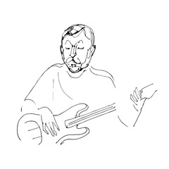 Continuous line drawing of sitting guitarist playing guitar. Vector hand draw illustration isolated on white background.