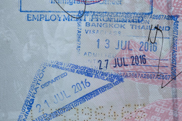 Inside page of a well traveled european passport with all kinds of stamps 