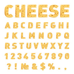 Font from Cheese. Cheese in the Form of Letters, Numbers, and Symbols. Illustration of Stylized Cute Alphabet Cartoon Cheese Letters to Make Your Text on White Background