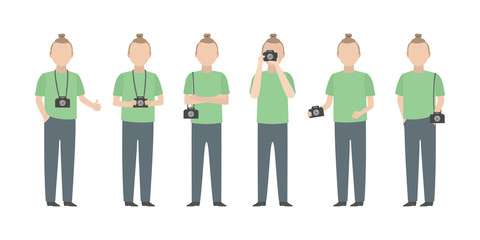 Young fashion photographer standing in diverse poses. Vector.