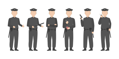Police officer standing in diverse poses. Vector.