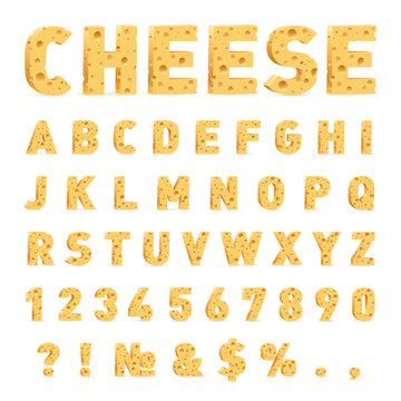 Font from Cheese. Cheese in the Form of Letters, Numbers, and Symbols. Illustration of Stylized Cute Alphabet Cartoon Cheese Letters to Make Your Text on White Background