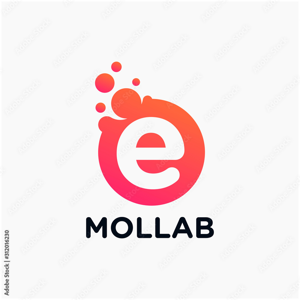 Poster initial letter e with molecule element. lab, liquid, atom design concept. design vector with dots an