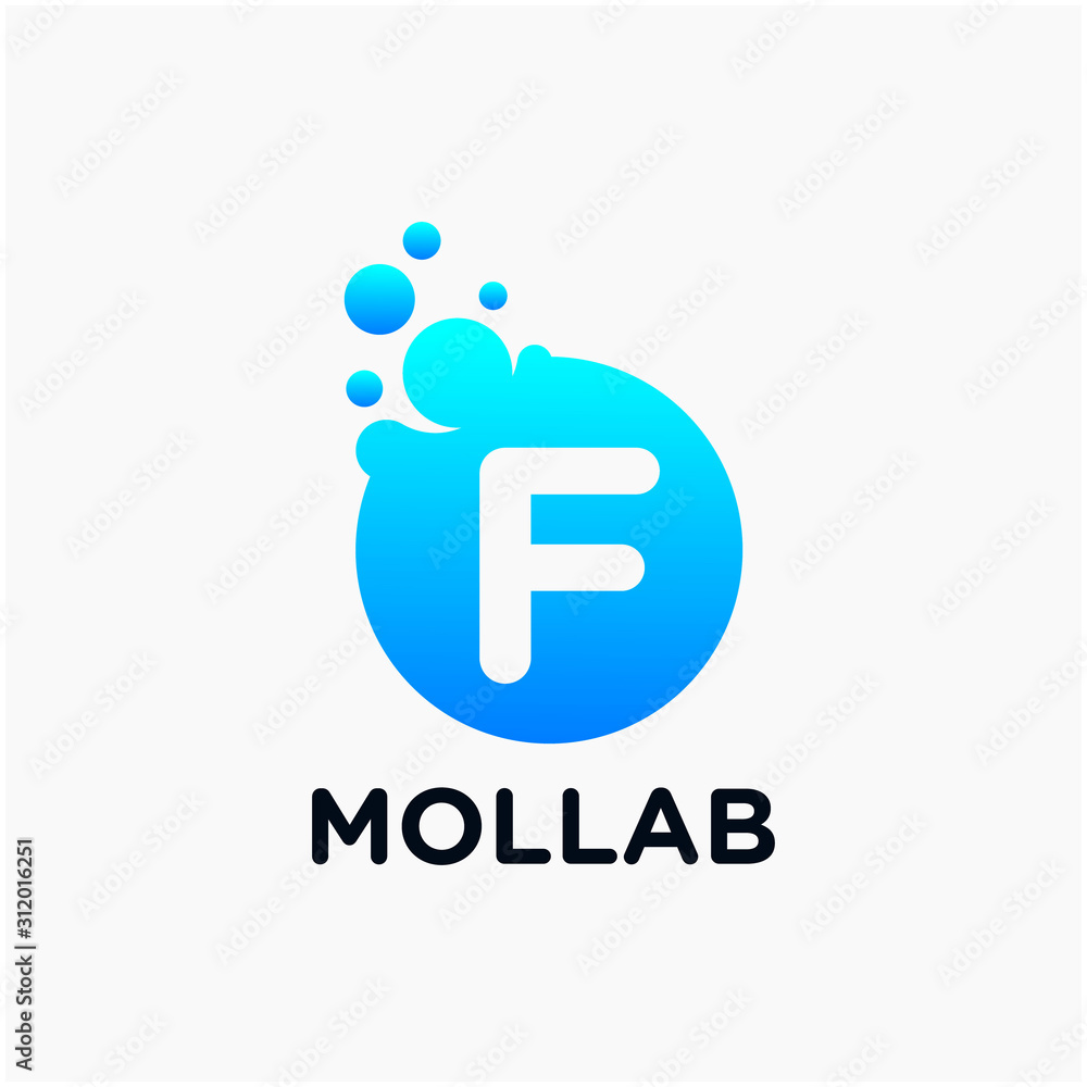 Poster initial letter f with molecule element. lab, liquid, atom design concept. design vector with dots an