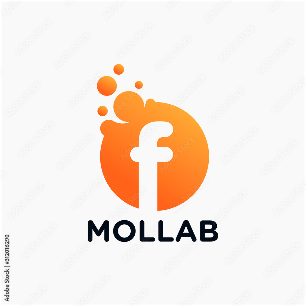 Poster initial letter f with molecule element. lab, liquid, atom design concept. design vector with dots an