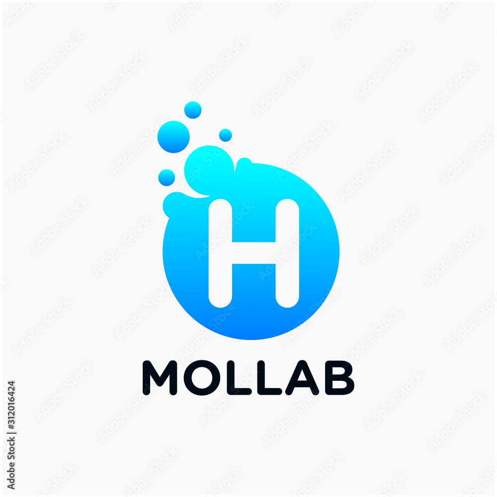 Poster initial letter h with molecule element. lab, liquid, atom design concept. design vector with dots an
