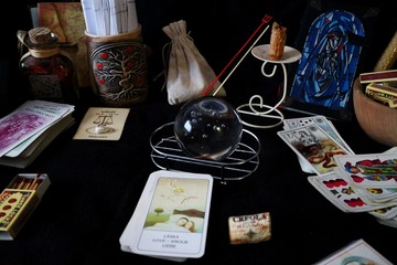 Ceske Budejovice, Czech republic – November 29, 2019: Esoteric fortune teller properties