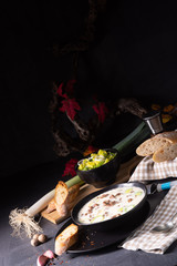 Delicious cheese and leek soup with minced meat