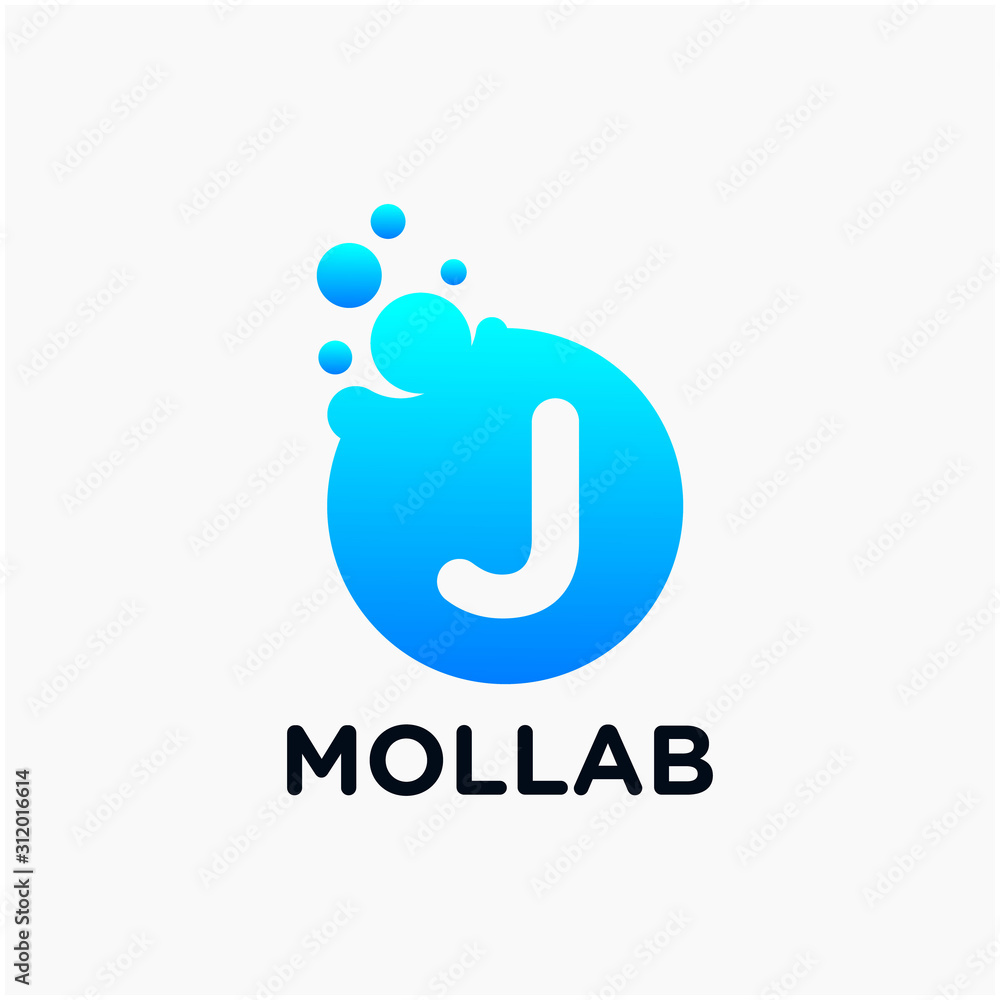Poster initial letter j with molecule element. lab, liquid, atom design concept. design vector with dots an