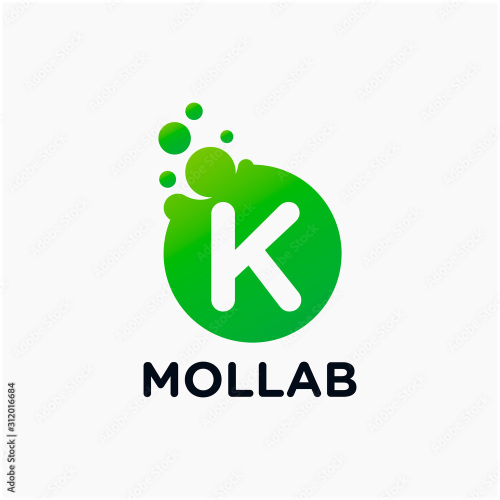 Poster initial letter k with molecule element. lab, liquid, atom design concept. design vector with dots an