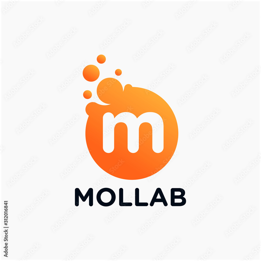 Poster initial letter m with molecule element. lab, liquid, atom design concept. design vector with dots an
