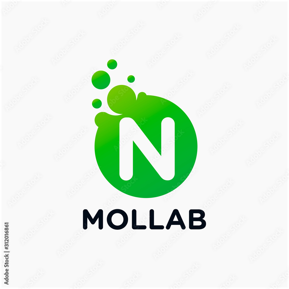 Poster initial letter n with molecule element. lab, liquid, atom design concept. design vector with dots an