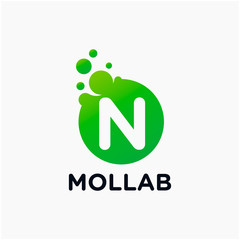 initial Letter N with molecule element. Lab, liquid, atom Design concept. Design Vector with Dots and Bubbles. perfect for technology, digital, software, network and science brand. - vector