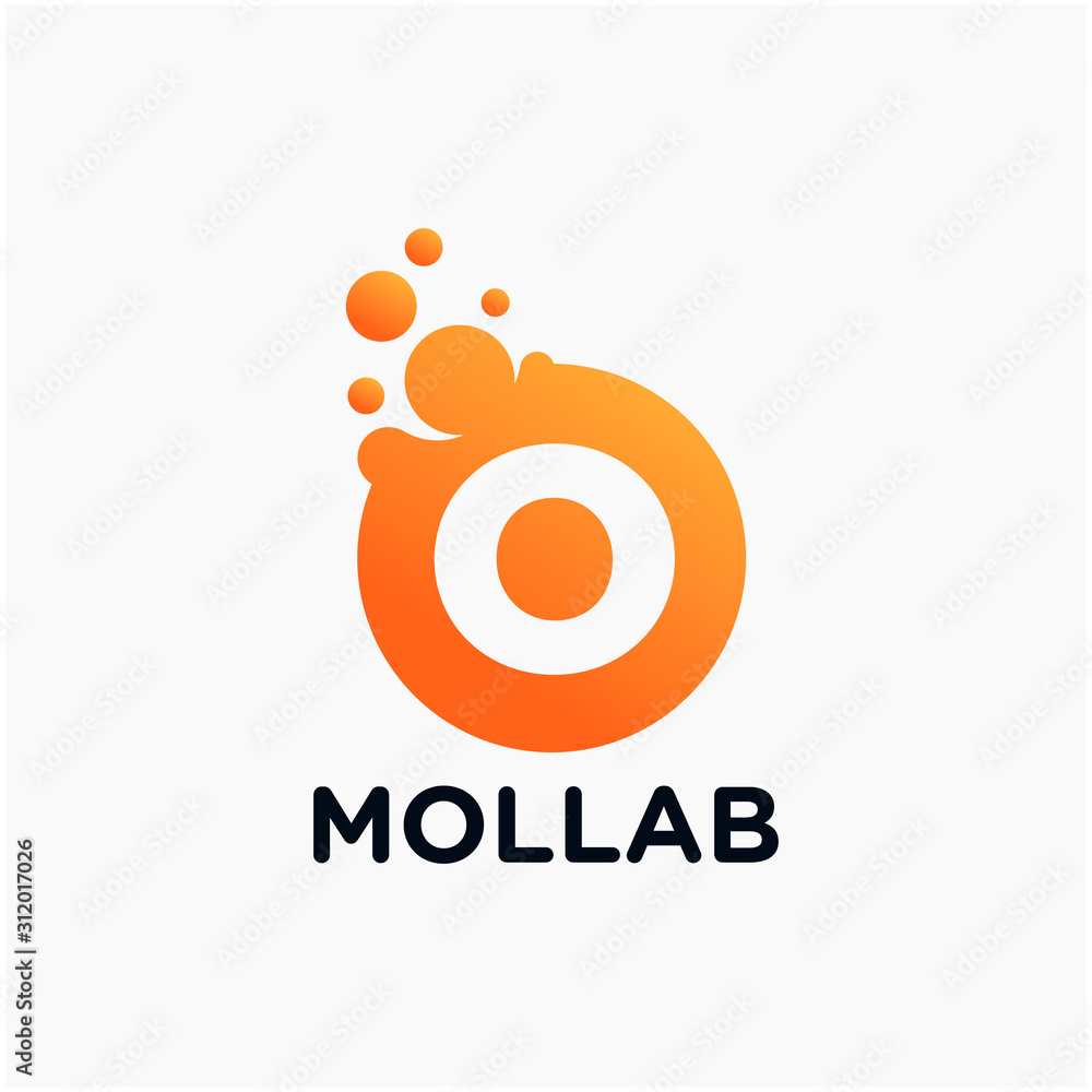 Poster initial letter o with molecule element. lab, liquid, atom design concept. design vector with dots an