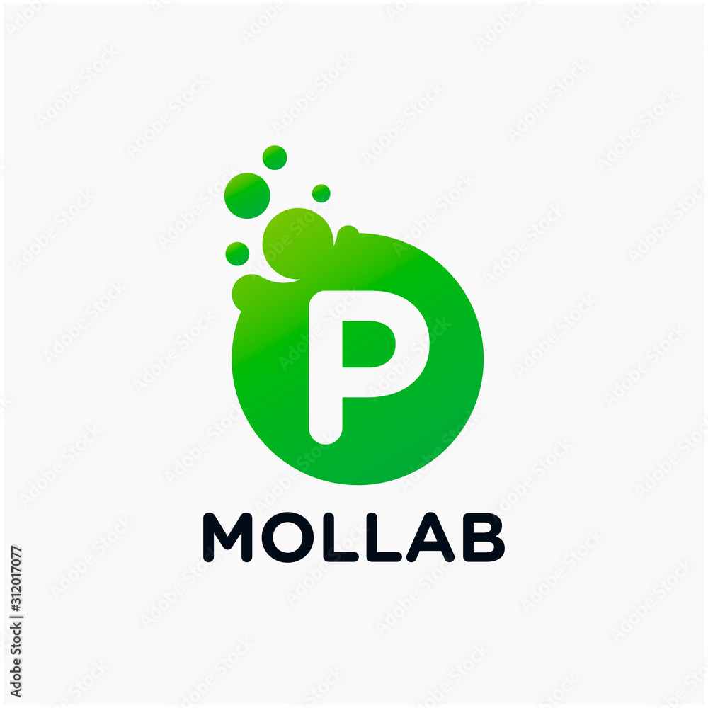 Poster initial letter p with molecule element. lab, liquid, atom design concept. design vector with dots an