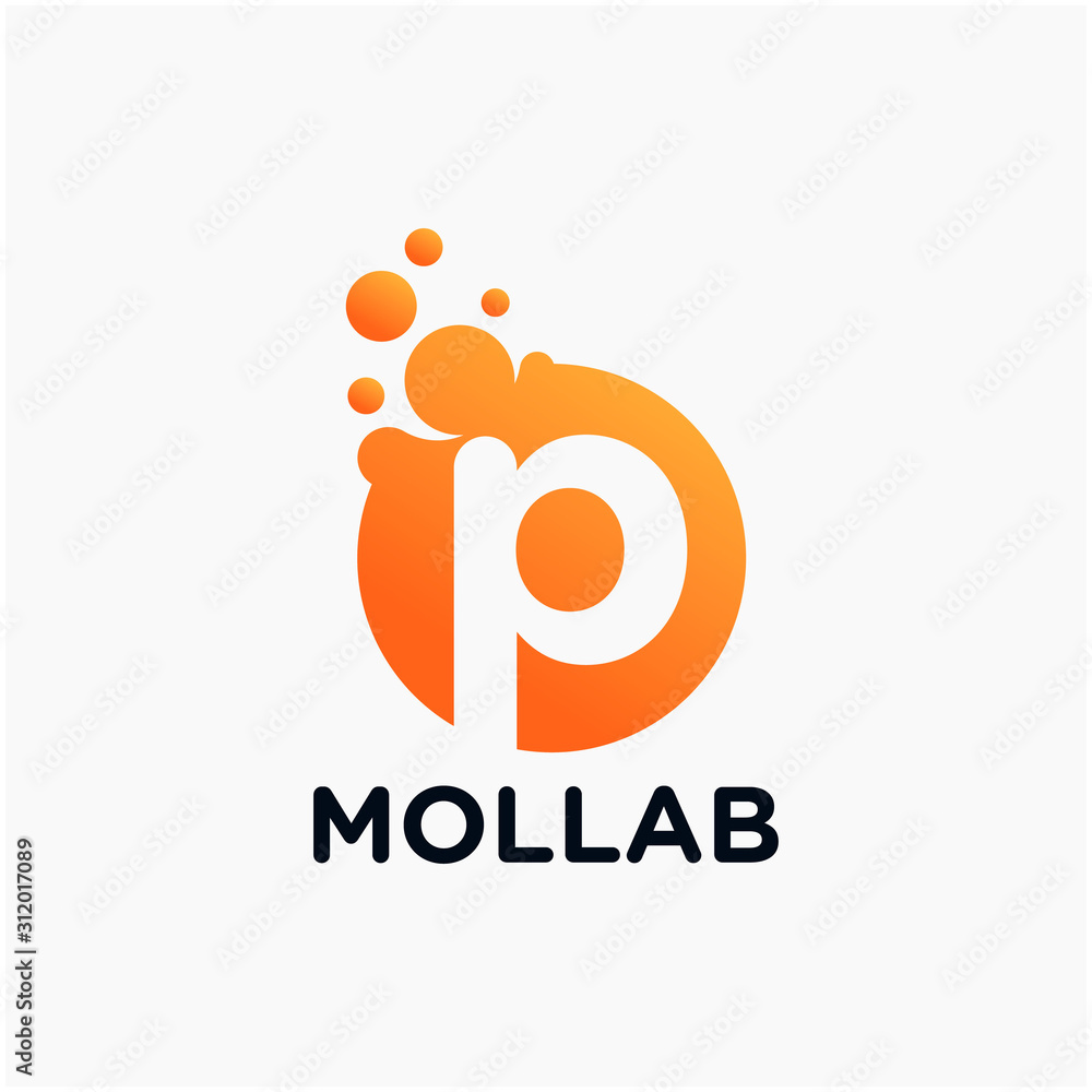 Poster initial letter p with molecule element. lab, liquid, atom design concept. design vector with dots an
