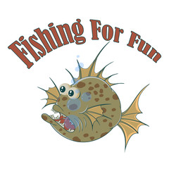 Big scary fish. Vector banner on the theme of fishing with the inscription on a white isolated background
