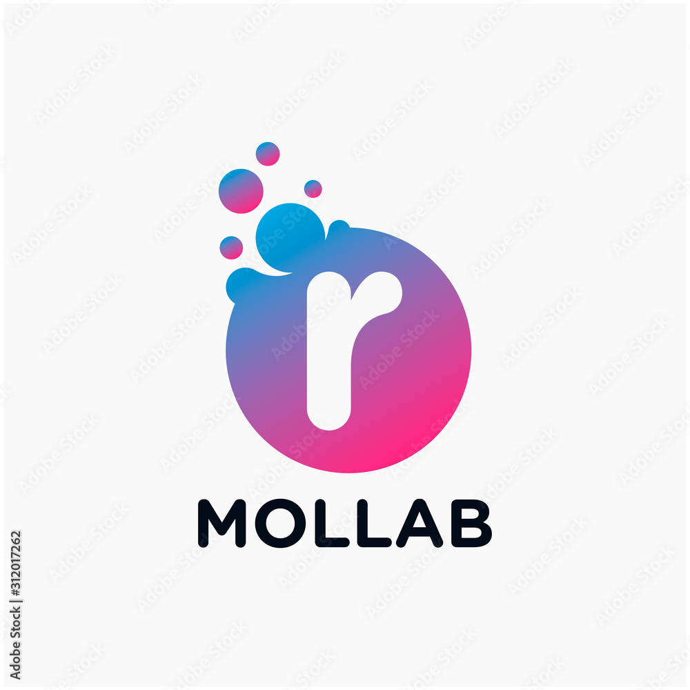 Poster initial letter r with molecule element. lab, liquid, atom design concept. design vector with dots an