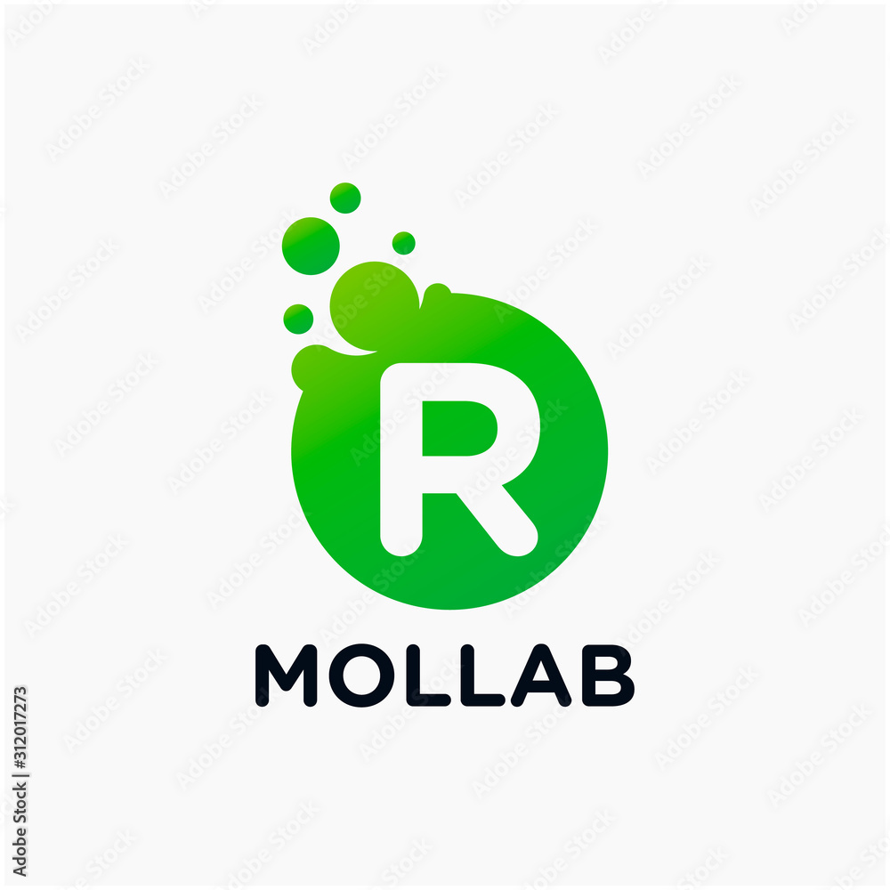 Poster initial letter r with molecule element. lab, liquid, atom design concept. design vector with dots an