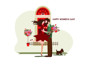 March 8, International Women's Day, man greets woman with woman's day