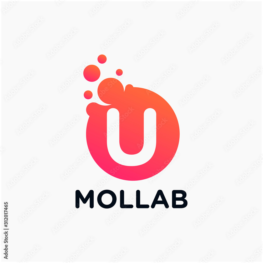 Poster initial letter u with molecule element. lab, liquid, atom design concept. design vector with dots an