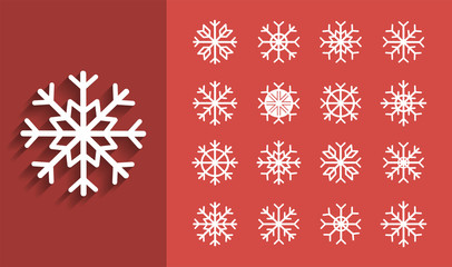 Snowflake icon. sign design. red background. Long shadow. Ornament of beautiful snowflakes.