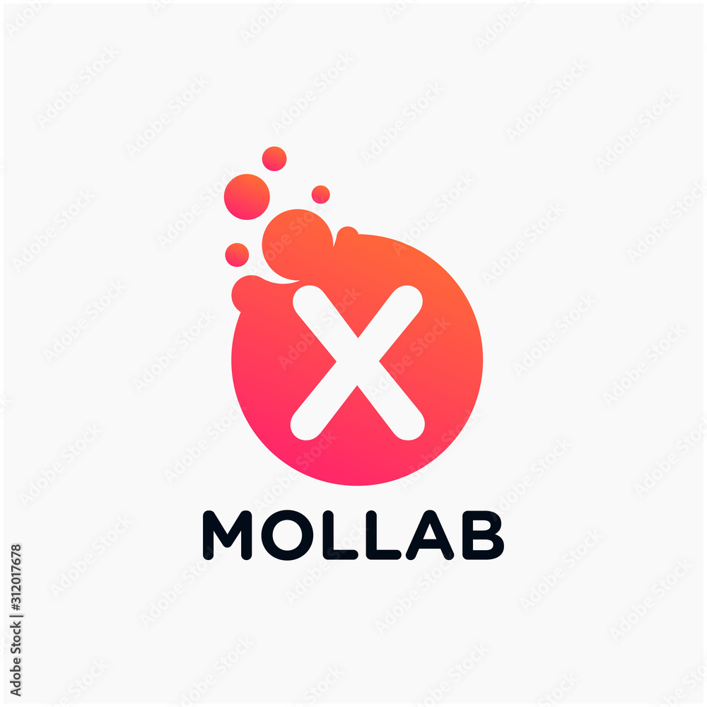 Poster initial letter x with molecule element. lab, liquid, atom design concept. design vector with dots an