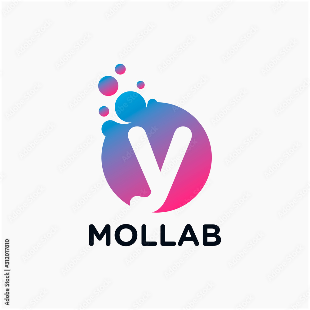 Poster initial letter y with molecule element. lab, liquid, atom design concept. design vector with dots an