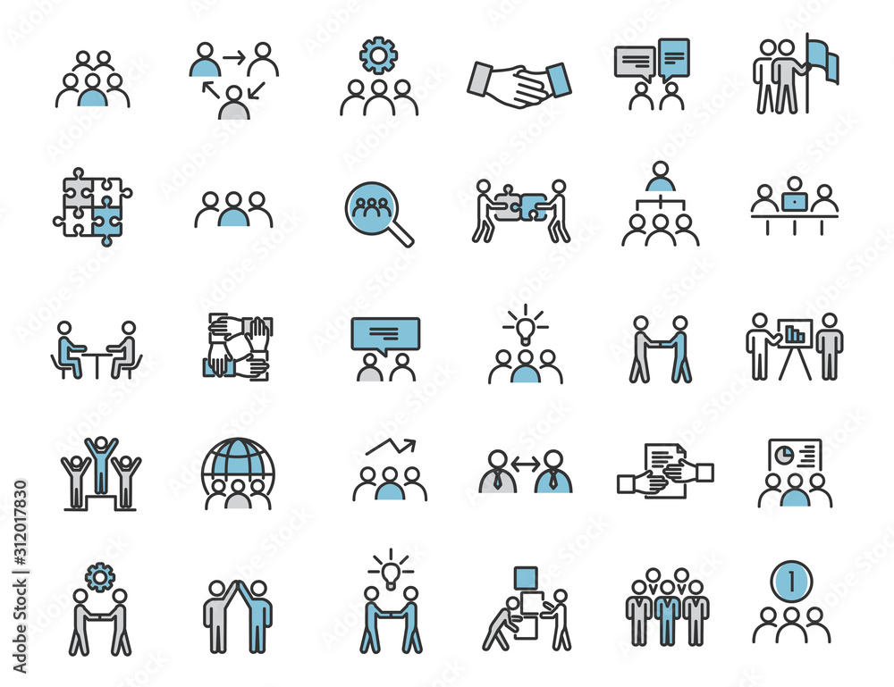 Poster set of linear teamwork icons. communication icons in simple design. vector illustration