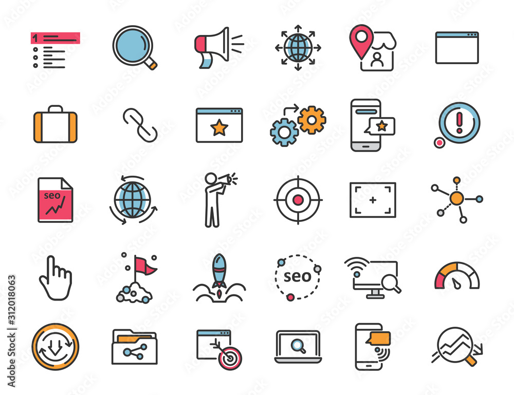Poster set of linear seo icons. promotion icons in simple design. vector illustration