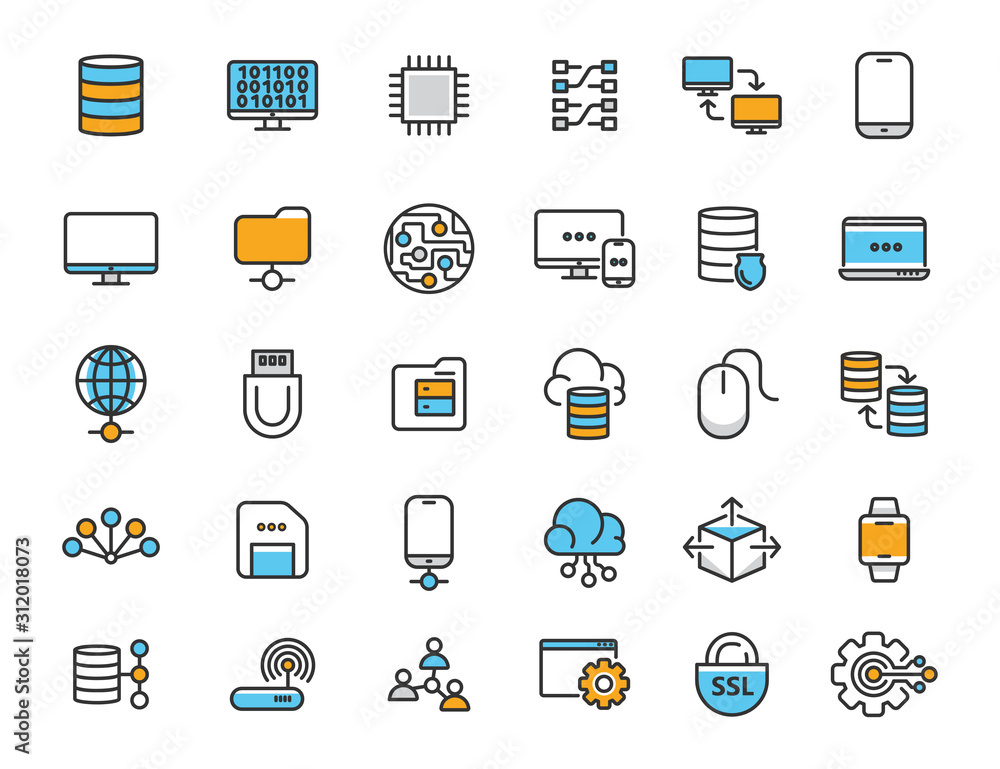 Aufkleber Set of linear computer technology icons. Database icons in simple design. Vector illustration