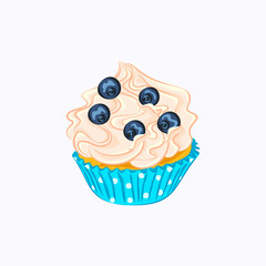 Vanilla cupcake with cream and blueberry