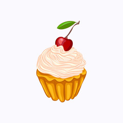 Vanilla cupcake with cream and cherry isolated