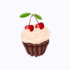 Chocolate cupcake with cream and cherry isolated