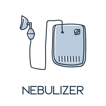 Nebulizer, A Drug Delivery Device Used To Administer Medication In The Form Of A Mist Inhaled Into The Lungs. Minimalist Hand Drawn Medic Flat Icon Illustrartion