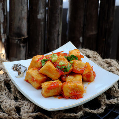 fried tofu cook with tomato sauce, healthy, nutrition and delicious Vietnamese food
