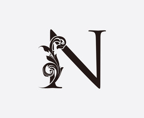 N Letter Classic Vintage Floral Logo Icon, Initial N Black Swirl Design.