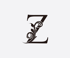 Z Letter Classic Vintage Floral Logo Icon, Initial Z Black Swirl Design. © bintank