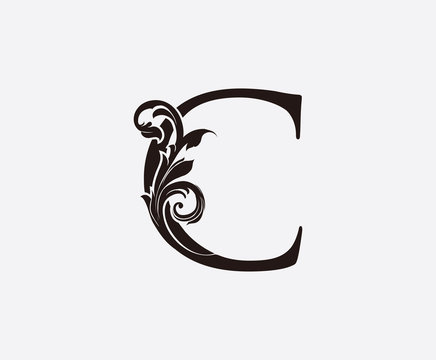 C Letter Classic Vintage Floral Logo Icon, Initial C Black Swirl Design.