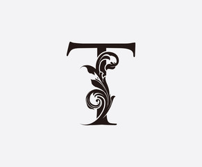 T Letter Classic Vintage Floral Logo Icon, Initial T Black Swirl Design.