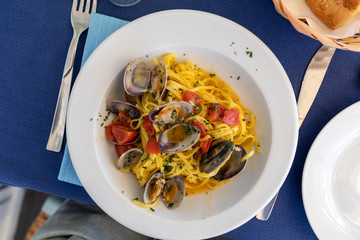 Hand-made pasta with seafood in Polignano a Mare. Apulia, Italy