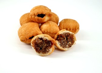 Strucchi, or struklji, a dessert typical of the Slovenian minority  in Italy, on white background....