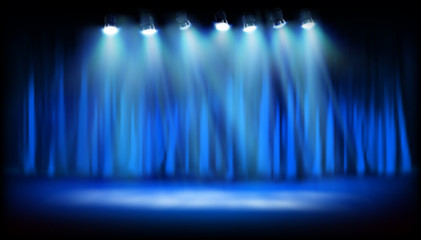 Theater platform with blue curtain. Show on the stage. Spotlights on blue background. Vector illustration.