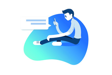 A young man with a phone in hand. Messaging person on social media. Boy using phone. Perfect for advertisements, websites or invitations