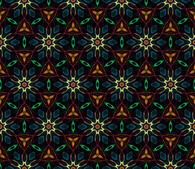 Abstract bright kaleidoscope symmetric pattern on a black background.