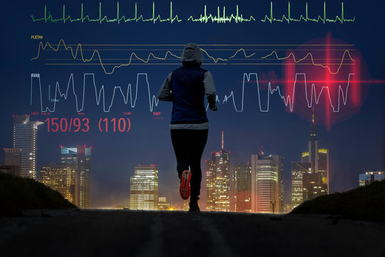 jogger runs towards the big city - Powered by Adobe