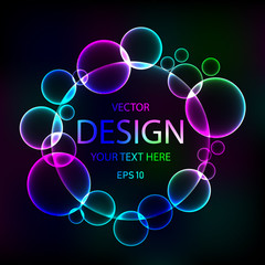 Vector dark abstract space background with multicolored glowing bubbles. Round frame for text.