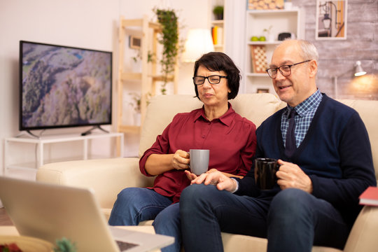 Elderly old couple using modern laptop to chat with their grandson