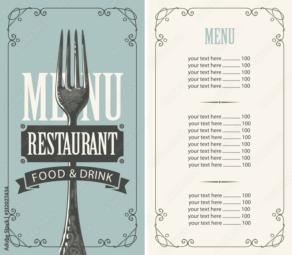 Poster vector menu for restaurant with hand-drawn fork and price list in figured frame with curls on a grey